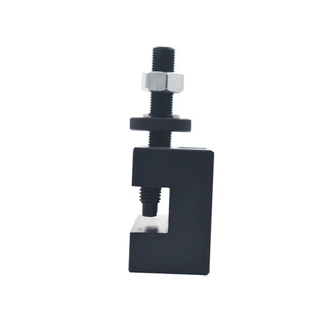 Rugged Quick Swap Lathe Tool Post Fits Cxa Series for mini lathes, black steel construction, side view with bolt assembly.
