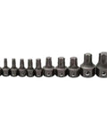 11-piece Torx Insert Bit Set for 6 and 12 Point Wrenches in a row for quick swaps, compatible with 8mm, 12mm, 15mm wrenches