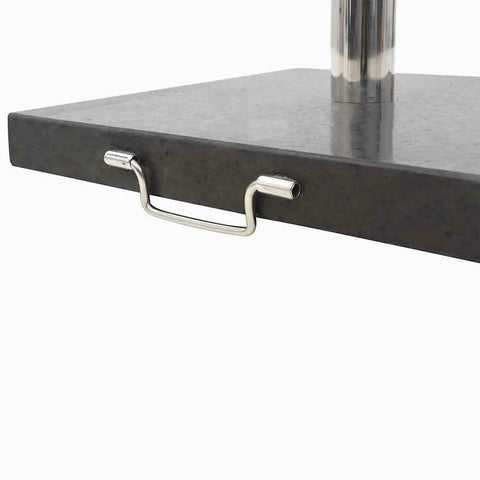 Close-up of Granite Parasol Base For Square Shape Umbrellas Heavy Duty Patio Umbrella Stand with handle and polished surface