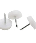 Thirty Piece Nylon Furniture Foot Caps With Sturdy Metal Nail Base Deliver Kickass Smooth Glides For Any Living Space Chair Or Desk Setup Rock Solid Floor Savers Shield Surfaces Daily - three white glides with metal nails.