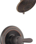 High End Lahara 14 Series Shower Trim Kit In Oil Rubbed Bronze with showerhead and handle, five spray settings.