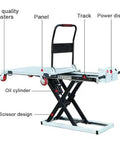 Heavy Duty Hydraulic Scissor Lift Table With Smooth Rolling Casters And One Button No Sweat Height Adjustment Up To Eighty Six Cm showing oil cylinder, scissor design and power display.