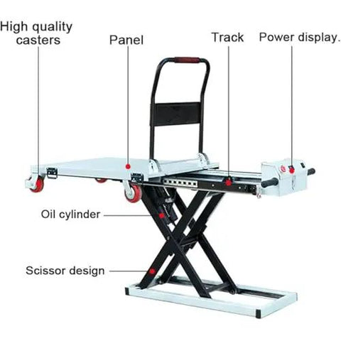 Heavy Duty Hydraulic Scissor Lift Table With Smooth Rolling Casters And One Button No Sweat Height Adjustment Up To Eighty Six Cm showing oil cylinder, scissor design and power display.
