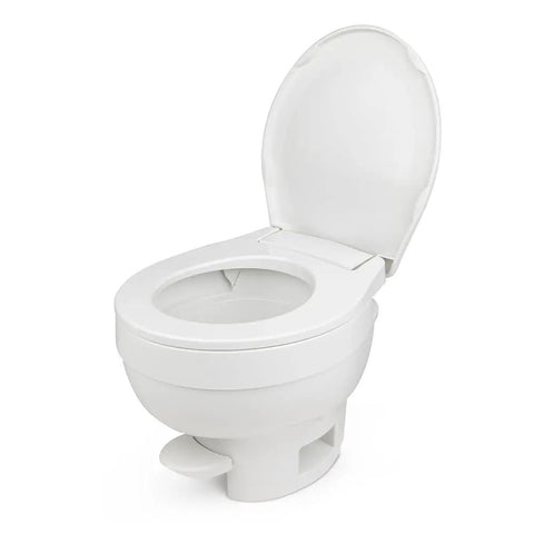 High Profile Camper Toilet Featuring Deep Clean Bowl And Comfortable White SloClose Seat With Dead Simple Foot Pedal Flushing Designed For Zero Hassle Trailer Setup And Road Ready Gear That Performs Like A Champ Every Single Ride
