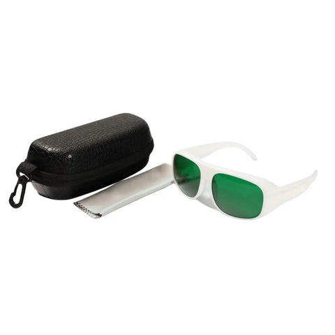 Top Tier Pro Grade Laser Safety Eyewear Blocking 450Nm Blue 650Nm Red And 808Nm Infrared Lasers With Robust Frames And Hella Thick OD4 Plus Filter For Workshop Tasks, with protective case.
