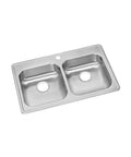 Sturdy Stainless Steel Kitchen Sink With Equal Size Double Bowls For Drop In Installation 33 Inch By 21 And One Quarter Inch Opening Fits 36 Inch Cabinets ADA Compliant When Properly Installed, top view.