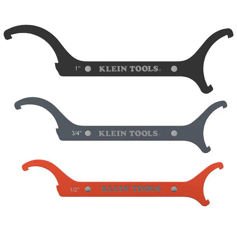 Three-piece Conduit Locknut Wrench Set in Compact Alloy Steel Design With Magnetic Storage Built For Tight Spots, featuring 1/2, 3/4, and 1 inch wrenches.