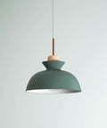 11inch Wood Pendant Light,Retro Wooden Hanging for Kitchen Island in matte green with wood accent and metal shade.