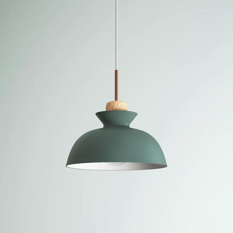 11inch Wood Pendant Light,Retro Wooden Hanging for Kitchen Island in matte green with wood accent and metal shade.