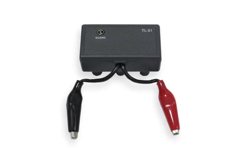 Connection leads for Handheld LCR Meter With Dual 19999/9999 Count Display, featuring black and red alligator clips.