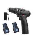 Rugged Cordless Impact Drill And Electric Hand Screwdriver With Rechargeable Lithium Battery, includes two batteries and charger.