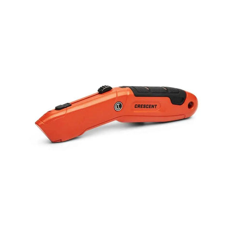 Auto Retracting Safety Utility Knife With Quick Change Blades, Thumb Bridge Grip, End Cap Storage, orange and black handle