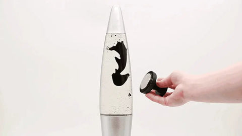 Retro Rocket Ship Ferrofluid Lava Lamp With Magnetic Black Wax In Clear Liquid, 15 Inch Tall, Silver Aluminum Base And Cap