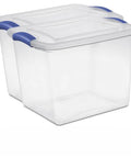 Heavy-Duty Clear Plastic Storage Bins With No-Fuss Blue Latches, 27 Qt Stackable Organizers For Wardrobe Clothes And Bulk Supplies, BPA Free And Built Tough To Handle Heavy Lifting, 2 Pack, two clear boxes.