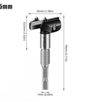 Concealed hinge drill bit with 35mm hole-drilling guide for cabinet hinges; metal woodworking jig (front view)