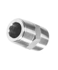 Close-up of one connector from the Three Piece Set Of One Quarter Inch NPT Male Stainless Steel Nipple Connectors With Hex Heads 304 Stainless Steel Heavy Duty High Pressure Up To 2800 Psi Wide Temperature Range Rust Resistant Plumbing Fittings.