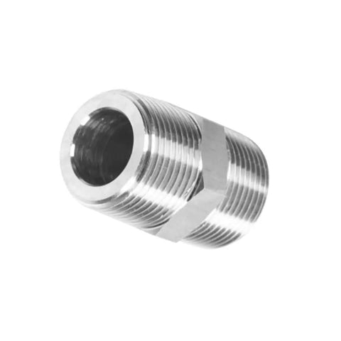 Close-up of one connector from the Three Piece Set Of One Quarter Inch NPT Male Stainless Steel Nipple Connectors With Hex Heads 304 Stainless Steel Heavy Duty High Pressure Up To 2800 Psi Wide Temperature Range Rust Resistant Plumbing Fittings.