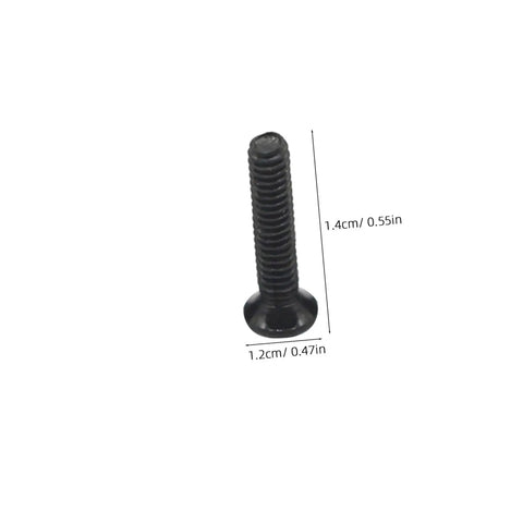 Close-up of a small black screw from the Two Piece Miniature Screw Set With 18 Different Sizes Flat Head And Round Head Tiny Screws For Glasses.