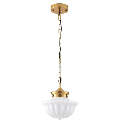Schoolhouse Pendant Light Fixture 9 Inch Brass Gold Milk Glass Shade Adjustable Mid Century Ceiling Pendant