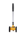 YDuupxe Measuring Wheel Dual 4in 0-9999.9m 0.5% Accuracy Tool with yellow body and black wheels standing upright.