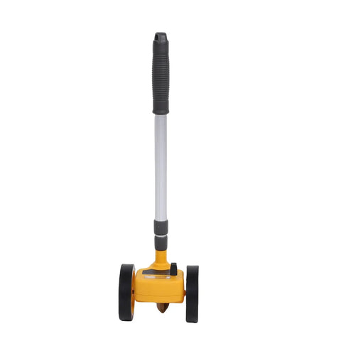 YDuupxe Measuring Wheel Dual 4in 0-9999.9m 0.5% Accuracy Tool with yellow body and black wheels standing upright.