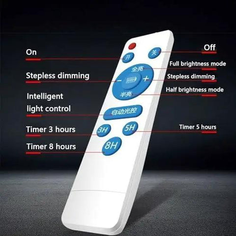 Top Shelf Solar Street Light Featuring Slick Remote with buttons for dimming and timer functions for outdoor use.