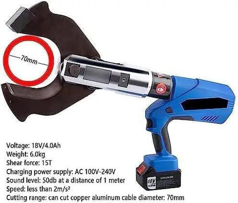 Heavy Hitting Electric Hydraulic Cable Cutter And Wire Crimper With Bright LED Screen And Swap Ready Battery For Aluminum And Armored Copper Wires Clean Cuts Zero Hassle Contractor Staple, cutting copper cable with 70mm diameter.