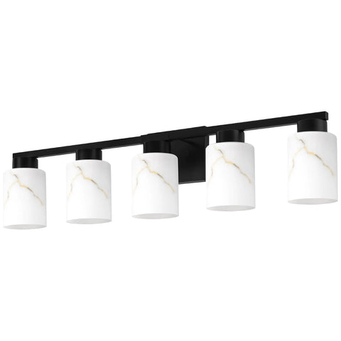 Five Light Modern Vanity Light Fixture In Black Metal With White Marble Glass E26 Base Sleek Minimalist Bathroom Vanity Wall Lamp
