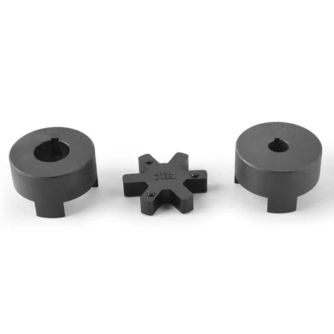 Half To Seven Eighth Inch L090 Three Piece L Jaw Coupling Set With Buna N NBR Rubber Spider For Log Wood Splitter Heavy Duty Power Transmission Shaft Couplings, shown with two HT250 steel hubs and NBR spider