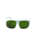 Top-Shelf Laser Protective Glasses Delivering Killer 200-1400nm Beam Blocking Coverage With 10% Light Transmission for Crystal Clear Vision During IPL Work and Heavy-Duty Photonic Optics Eyewear You Can Rely On, front view with white frame and green lenses.