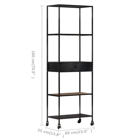 Industrial Mango Wood Bookshelf With Iron Frame, 4 Shelves And 1 Drawer, Tall 70.9 Inch Book Cabinet