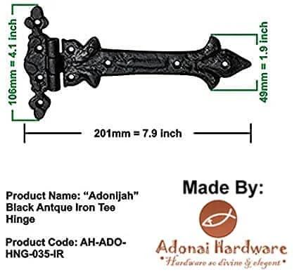 Antique Cast Iron Strap T Hinge 7.9 Inch Two Pack Matte Black For Barn Doors Gates Kitchen Cabinets Sheds Wooden Box Furniture Cedar Chest And Trunks Durable Finish Rust Resistant Quality, with Adonai Hardware branding.