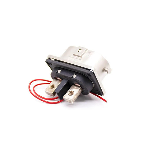 Heavy Duty High Voltage Safety Lock Connector 2 Pin Plug And Socket 125 Amp Rated Right Angle Metal Housing IP67 Sealed Tight Drop In Swap For EV Battery Wire Harnesses close-up, showing metal connectors and red wires.