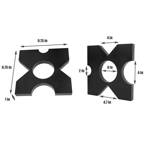Beefed Up Heavy Duty 20 Ton And 32 Ton H Frame Shop Press Plates With 4 Notches, 1 Inch Thick Thickened Hydraulic Plate Set Built To Last For Metalworking, 9.75 By 9.75 Inches, Pair, shown with dimensions
