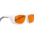 Straight Up Heavy Duty Laser Safety Glasses Broad Spectrum OD Five Plus Coverage Shielding Eyes From Intense Light And Harmful Radiation Wavelengths One Nine Zero To Five Hundred Nm White, side view with orange lenses.
