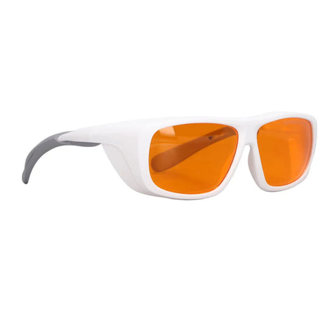 Straight Up Heavy Duty Laser Safety Glasses Broad Spectrum OD Five Plus Coverage Shielding Eyes From Intense Light And Harmful Radiation Wavelengths One Nine Zero To Five Hundred Nm White, side view with orange lenses.