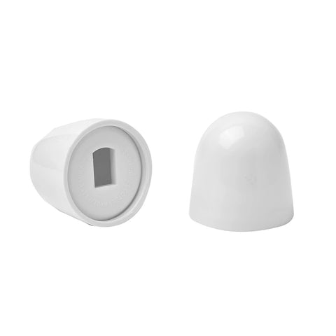Universal Toilet Bolt Caps Set 4 Pack With Round White Push On Covers and Extra Washers, 1.44 Inch Height, side and top view