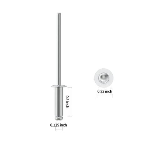 Top Shelf Aluminum Blind Rivets Two Hundred Sixty Piece Pack One Eighth Diameter By Half Inch Length Pop Rivets Heavy Duty Hardware For Sheet Metal showing 0.5 inch length with 0.125 inch diameter.