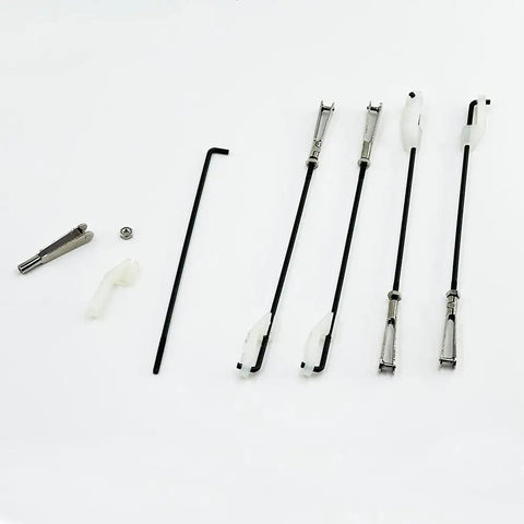 RC Airplane Metal Clevis Set With Connecting Rod Pushrod And Swing Keeper For DIY Fixed Wing Planes Includes 5 Clevises 5 Rods And 5 Swing Keepers M2x24mm And 1.7x90mm 1.8mm Hole Size on white background