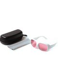 Premium Laser Safety Glasses For 755Nm And 808Nm Devices with pink lenses, case, and fabric cleaning cloth.