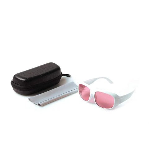 Premium Laser Safety Glasses For 755Nm And 808Nm Devices with pink lenses, case, and fabric cleaning cloth.