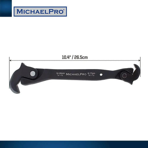 Dual Action Auto Size Adjusting Wrench With Self Adjusting Quick Jaw And Dual Heads From Five Sixteenth Inch To One And One Quarter Inch Eight To Thirty Two Millimeter, Spring Loaded, All In One Handy Tool shown with dimensions