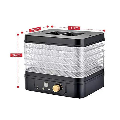 Heavy Duty Five Tier Electric Food Dehydrator With Bright Digital Screen And Temperature Control Timer, 31cm size, clear plastic trays.
