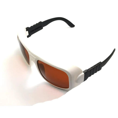 Heavy Duty Infrared Laser Safety Glasses Blocking 532 Nm And 1064 Nm Waves with snug fit and orange lenses for eye protection.