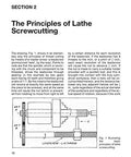 Book page showing Section 2 The Principles of Lathe Screwcutting with a diagram of a lathe lead screw and threads.