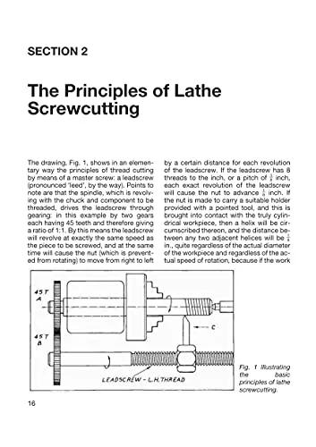 Book page showing Section 2 The Principles of Lathe Screwcutting with a diagram of a lathe lead screw and threads.