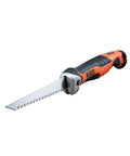 Side view of Klein Tools folding jab saw with lockback, orange/black handle, serrated drywall blade