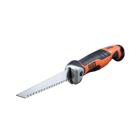 Side view of Klein Tools folding jab saw with lockback, orange/black handle, serrated drywall blade