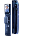 Straight Up Smooth Smart Door Lock With Fingerprint Scan And 3D Face Recognition Plus Integrated Cat Eye Camera For No Sweat Keyless Entry Day Or Night, shown front view with display.