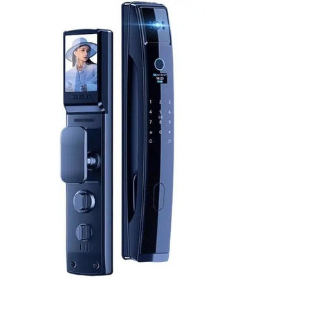 Straight Up Smooth Smart Door Lock With Fingerprint Scan And 3D Face Recognition Plus Integrated Cat Eye Camera For No Sweat Keyless Entry Day Or Night, shown front view with display.
